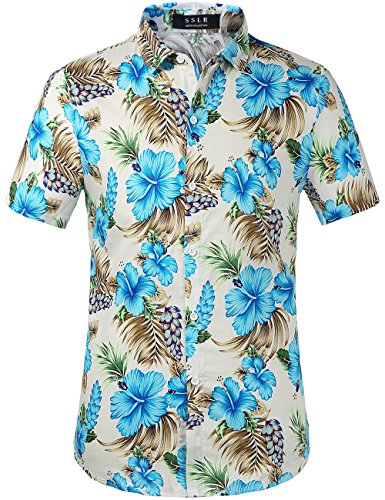 SSLR Hawaii Hemd Männer, Herren Kurzarm Floral Sommer Freizeit Hemden, Baumwolle Kurzarm T Shirt für Herren Button Down & Casual Design (XX-Large, Weiß Blau) von SSLR