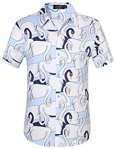 SSLR Hawaii Hemd Männer, Herren Kurzarm Floral Sommer Freizeit Hemden, Baumwolle Kurzarm T Shirt für Herren Button Down & Casual Design (X-Large, Blau Weiß) von SSLR