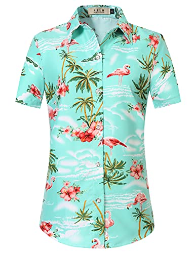 SSLR Hawaii-Hemden für Damen, Flamingo-Hemd, tropische Hemden für Damen, Sommer, lässig, kurzärmelig, Grün / Rot, Mittel von SSLR