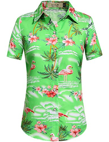 SSLR Hawaii-Hemden für Damen, Flamingo-Hemd, tropische Hemden für Damen, Sommer, lässig, kurzärmelig, Grün , XX-Large von SSLR