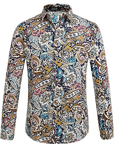 SSLR Herren Bedrucktes Hemd Paisley Muster Langarm Baumwolle Regular Fit Casual Shirts Gemustertes Herrenhemd (Small, Blau Rot) von SSLR