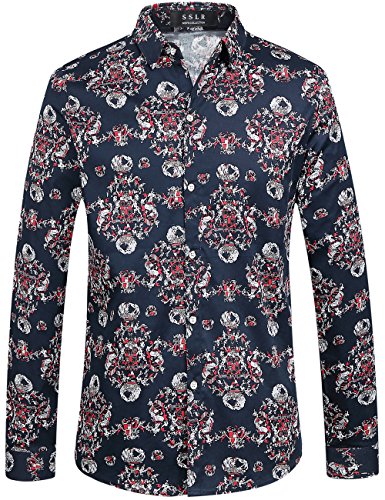 SSLR Herren Bedrucktes Hemd Paisley Muster Langarm Baumwolle Regular Fit Casual Shirts Gemustertes Herrenhemd (Small, Marine) von SSLR