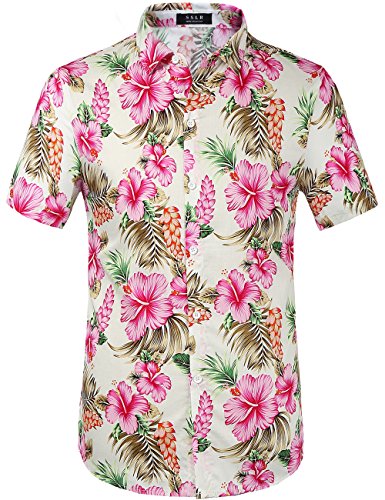 SSLR Herren Casual Button Down Shirts Kurzarm Hawaiihemden für Männer, Rosa Hibiskus, Klein von SSLR
