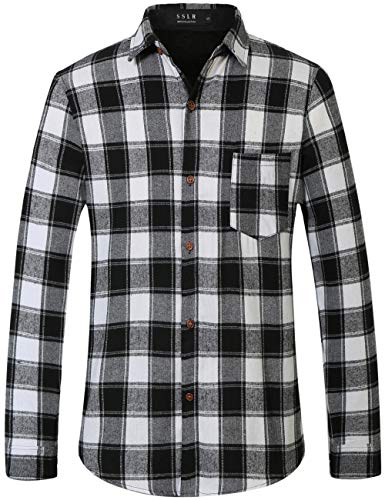 SSLR Herren Flanellhemd Langarmshirt Holzfällerhemd Herren Langarm Button Down Kariertes Hemd (Small, Weiß Schwarz Braun) von SSLR