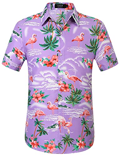 SSLR Herren Hawaiihemd Flamingos Casual Kurzarm Button Down Shirt Aloha Shirt, violett, 4X-Groß von SSLR