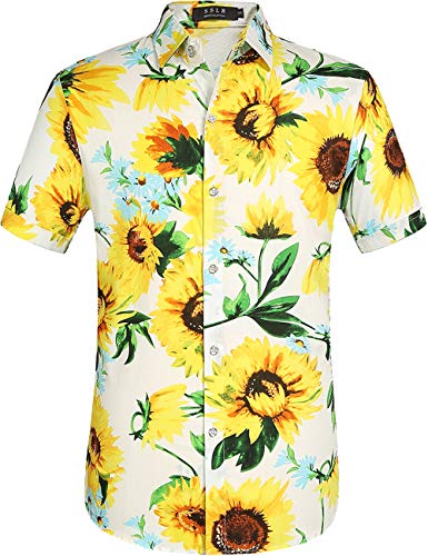 SSLR Hawaii Hemd Männer, Herren Kurzarm Floral Sommer Freizeit Hemden, Baumwolle Kurzarm T Shirt für Herren Button Down & Casual Design (Large, Weiß Gelb) von SSLR