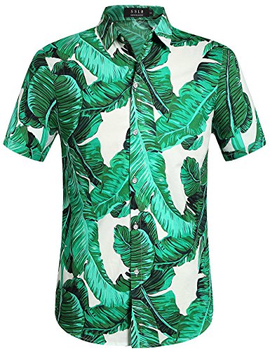 SSLR Hawaii Hemd Männer, Herren Kurzarm Floral Sommer Freizeit Hemden, Baumwolle Kurzarm T Shirt für Herren Button Down & Casual Design (Large, Weiß Grün) von SSLR