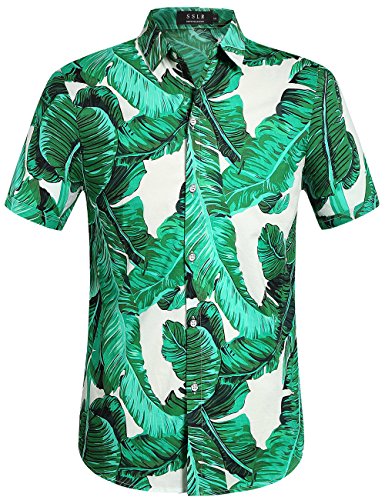 SSLR Hawaii Hemd Männer, Herren Kurzarm Floral Sommer Freizeit Hemden, Baumwolle Kurzarm T Shirt für Herren Button Down & Casual Design (Medium, Weiß Grün) von SSLR