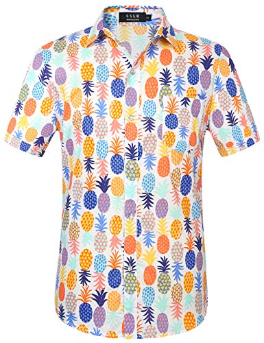 SSLR Hawaii Hemd Männer, Herren Kurzarm Floral Sommer Freizeit Hemden, Baumwolle Kurzarm T Shirt für Herren Button Down & Casual Design (XX-Large, Weiß Orange) von SSLR