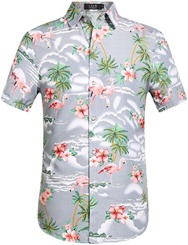 SSLR Herren Hemd Hawaiihemd Kurzarm Flamingos 3D Gedruckt Freizeithemd Button Down Aloha Shirt (Small, Hellgrau) von SSLR