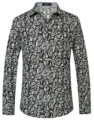 SSLR Herren Langarmshirt Hawaii Hemd Männer Floral Gedruckt Hemd Herren Langarm Button Down Longsleeve Baumwolle Herrenhemd Freizeithemden (Large, Schwarz-Weiß-Gold) von SSLR