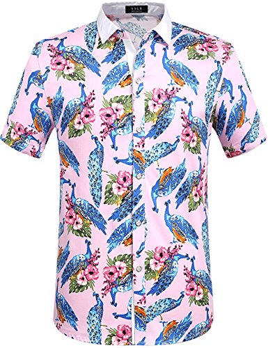 SSLR Herren Pfau Druck Freizeit Kurzarm Slim Fit Hemd (Large, Rosa) von SSLR