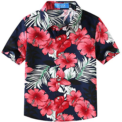 SSLR Jungen Hawaii Hemd Flamingos Gedruckt Aloha Shirt Kurzarm Hemden für Jungen (Small, Marine) von SSLR