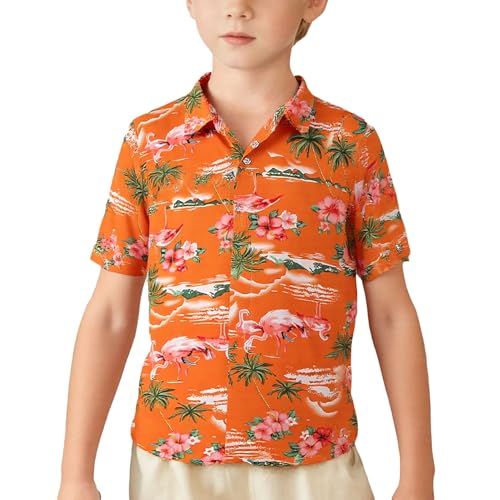 SSLR Jungen Hawaii Hemd Flamingos Gedruckt Aloha Shirt Kurzarm Kinder Hawaiihemd (Small (7-8Jahren), Orange) von SSLR