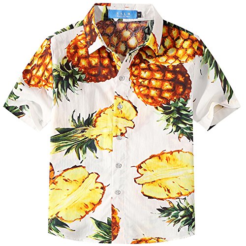 SSLR Jungen Hawaii Hemd Kurzarm Baumwolle 3D Gedruckt Hibiskus Button Down Freizeithemd Aloha Shirts (152, Weiß Gelb) von SSLR