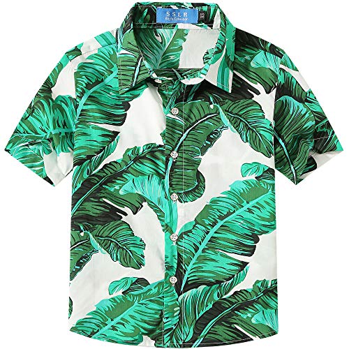 SSLR Jungen Hawaii Hemd Kurzarm Baumwolle 3D Gedruckt Hibiskus Button Down Freizeithemd Aloha Shirts (Small, Grün und Weiß (118-66)) von SSLR