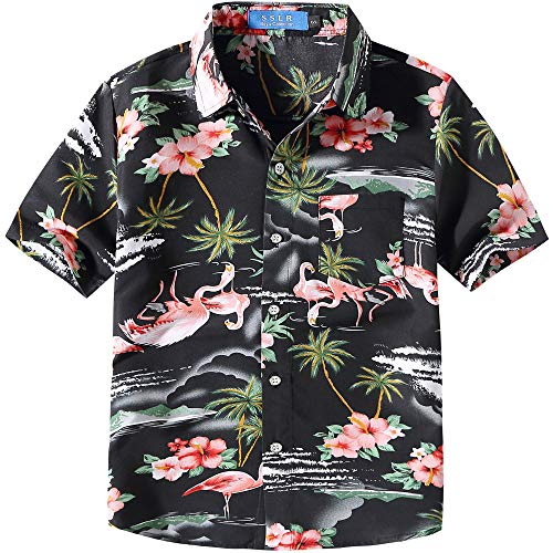 SSLR Jungen Hawaii Hemd Flamingos Gedruckt Aloha Shirt Kurzarm Kinder Hawaiihemd (X-Large (13-16Jahren), Schwarz) von SSLR