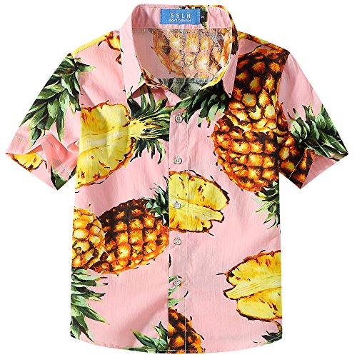 SSLR Jungen Sommer Hawaiihemd Kurzarm Hemd 100% Baumwolle Freizeit Shirt Sonnenschein Button Down Freizeithemd Aloha Shirts (164, Rosa Ananas) von SSLR