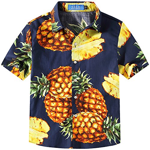 SSLR Jungen Sommer Hawaiihemd Kurzarm Hemd 100% Baumwolle Freizeit Shirt Sonnenschein Button Down Freizeithemd Aloha Shirts (158, Marine Blumen) von SSLR