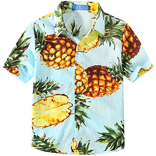 SSLR Jungen Sommer Hawaiihemd Kurzarm Hemd 100% Baumwolle Freizeit Shirt Sonnenschein Button Down Freizeithemd Aloha Shirts (158, Weiß Hellblau) von SSLR