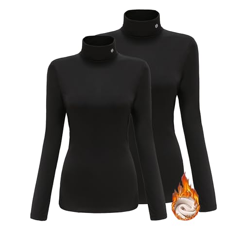 SSLR - Thermo-Shirts für Damen, Rollkragen, langärmelig, mit Fleece gefüttert, Winter, schmal, tailliert, Stehkragen, Schwarz, Klein von SSLR