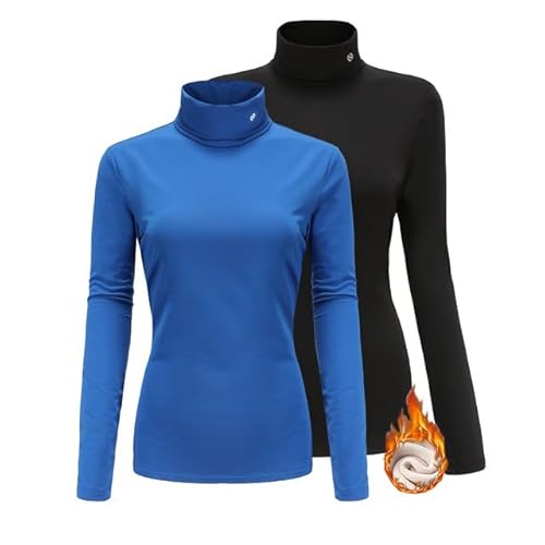 SSLR - Thermo-Shirts für Damen, Rollkragen, langärmelig, mit Fleece gefüttert, Winter, schmal, tailliert, Stehkragen, Schwarz Saphirblau, Klein von SSLR