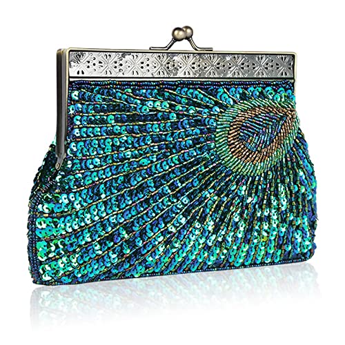 YYW Vintage Clutch Pailletten Blaugrün Pfau Ausgefallene Antik Perlen Pailletten Abend Handtasche Damen Mode Designer Elegante Geldbörse, blau - peacock blue, Einheitsgröße von YYW