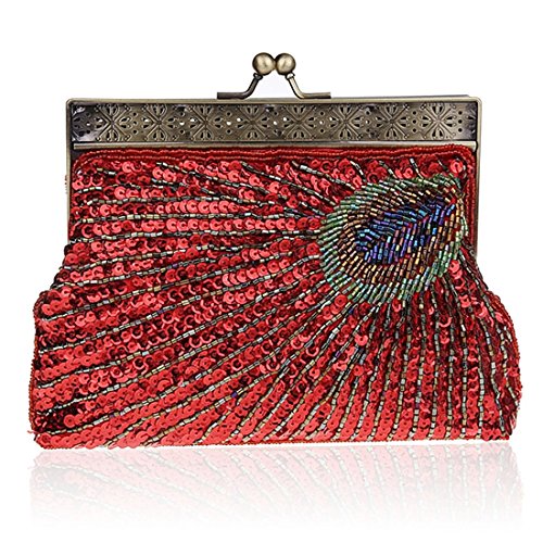 YYW Vintage Clutch Pailletten Blaugrün Pfau Ausgefallene Antik Perlen Pailletten Abend Handtasche Damen Mode Designer Elegante Geldbörse, rot, Einheitsgröße von YYW