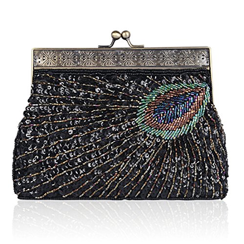 YYW Vintage Clutch Pailletten Blaugrün Pfau Ausgefallene Antik Perlen Pailletten Abend Handtasche Damen Mode Designer Elegante Geldbörse, Schwarz , Einheitsgröße von YYW