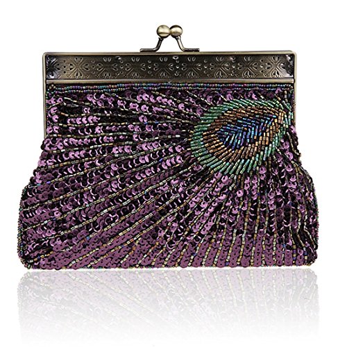 YYW Vintage Clutch Pailletten Blaugrün Pfau Ausgefallene Antik Perlen Pailletten Abend Handtasche Damen Mode Designer Elegante Geldbörse, violett, Einheitsgröße von YYW