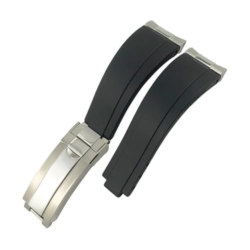 SSNAWBA 20 mm Metallglieder-Uhrenarmband aus Gummi und Silikon, kompatibel mit Rolex Submariner Yacht Master GMT Daytona OYSTERFLEX Uhrenarmband mit gebogenem Ende(Black Silver Buckle) von SSNAWBA