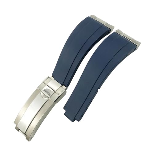 SSNAWBA 20 mm Metallglieder-Uhrenarmband aus Gummi und Silikon, kompatibel mit Rolex Submariner Yacht Master GMT Daytona OYSTERFLEX Uhrenarmband mit gebogenem Ende(Blue Silver Buckle) von SSNAWBA