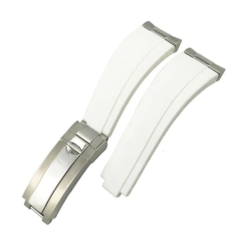 SSNAWBA 20 mm Metallglieder-Uhrenarmband aus Gummi und Silikon, kompatibel mit Rolex Submariner Yacht Master GMT Daytona OYSTERFLEX Uhrenarmband mit gebogenem Ende(White Silver Buckle) von SSNAWBA