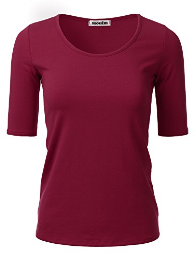 SSOULM Damen 1/2 Arm U-Ausschnitt Baumwolle Basic Slim Fit T-Shirt Top mit Übergröße, Stt003_granatrot, Mittel von SSOULM