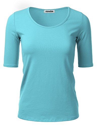 SSOULM Damen 1/2 Arm U-Ausschnitt Baumwolle Basic Slim Fit T-Shirt Top mit Übergröße - Blau - 3X-Groß von SSOULM