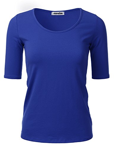 SSOULM Damen 1/2 Arm U-Ausschnitt Baumwolle Basic Slim Fit T-Shirt Top mit Übergröße - Blau - Mittel von SSOULM