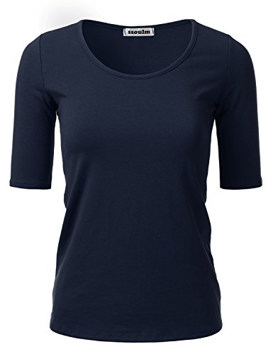 SSOULM Damen 1/2 Arm U-Ausschnitt Baumwolle Basic Slim Fit T-Shirt Top mit Übergröße - Blau - Mittel von SSOULM
