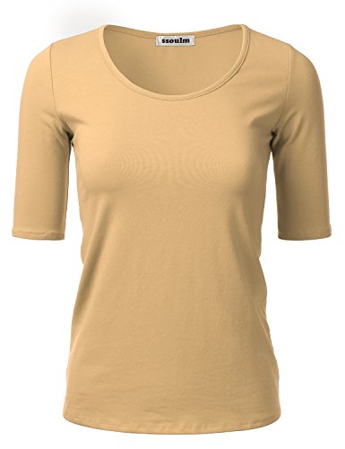 SSOULM Damen 1/2 Arm U-Ausschnitt Baumwolle Basic Slim Fit T-Shirt Top mit Übergröße - Braun - X-Groß von SSOULM