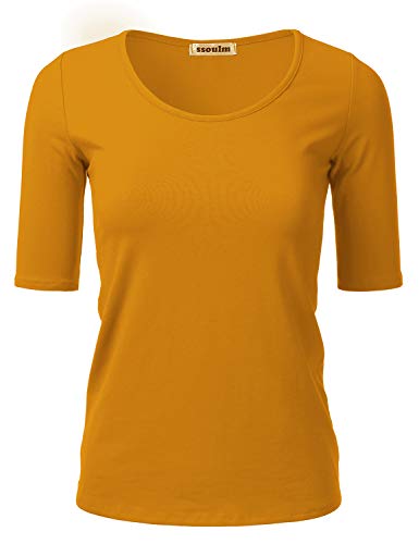 SSOULM Damen 1/2 Arm U-Ausschnitt Baumwolle Basic Slim Fit T-Shirt Top mit Übergröße - Gelb - Mittel von SSOULM