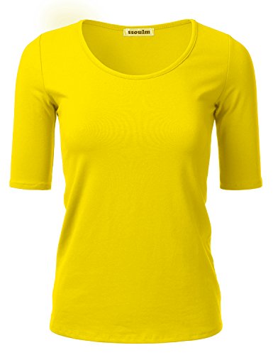 SSOULM Damen 1/2 Arm U-Ausschnitt Baumwolle Basic Slim Fit T-Shirt Top mit Übergröße - Gelb - Mittel von SSOULM