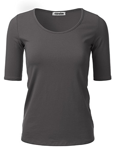 SSOULM Damen 1/2 Arm U-Ausschnitt Baumwolle Basic Slim Fit T-Shirt Top mit Übergröße - Grau - Groß von SSOULM