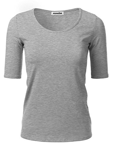 SSOULM Damen 1/2 Arm U-Ausschnitt Baumwolle Basic Slim Fit T-Shirt Top mit Übergröße - Grau - Mittel von SSOULM