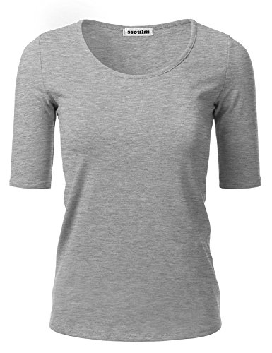 SSOULM Damen 1/2 Arm U-Ausschnitt Baumwolle Basic Slim Fit T-Shirt Top mit Übergröße - Grau - XX-Large von SSOULM