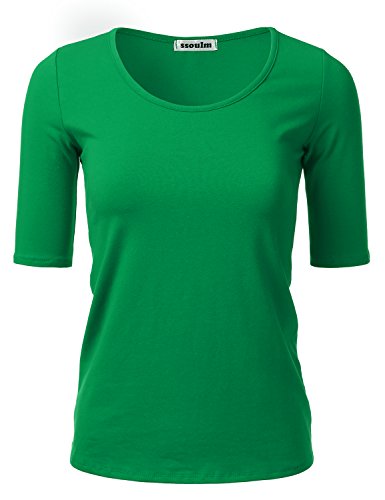 SSOULM Damen 1/2 Arm U-Ausschnitt Baumwolle Basic Slim Fit T-Shirt Top mit Übergröße - Grün - XX-Large von SSOULM