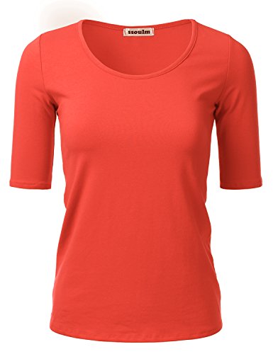 SSOULM Damen 1/2 Arm U-Ausschnitt Baumwolle Basic Slim Fit T-Shirt Top mit Übergröße - Orange - Mittel von SSOULM