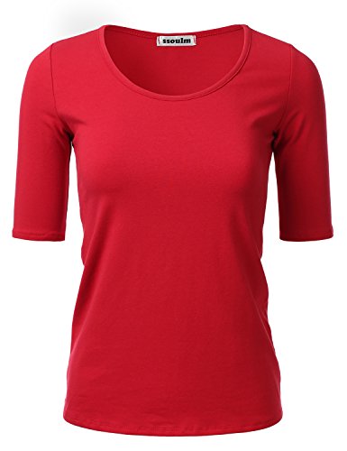 SSOULM Damen 1/2 Arm U-Ausschnitt Baumwolle Basic Slim Fit T-Shirt Top mit Übergröße - Rot - Groß von SSOULM