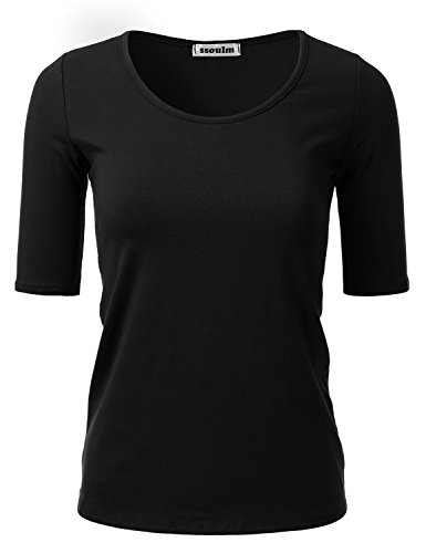 SSOULM Damen 1/2 Arm U-Ausschnitt Baumwolle Basic Slim Fit T-Shirt Top mit Übergröße - Schwarz - 3X-Groß von SSOULM