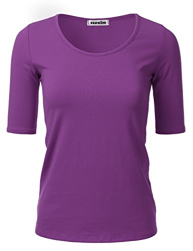 SSOULM Damen 1/2 Arm U-Ausschnitt Baumwolle Basic Slim Fit T-Shirt Top mit Übergröße - Violett - Klein von SSOULM