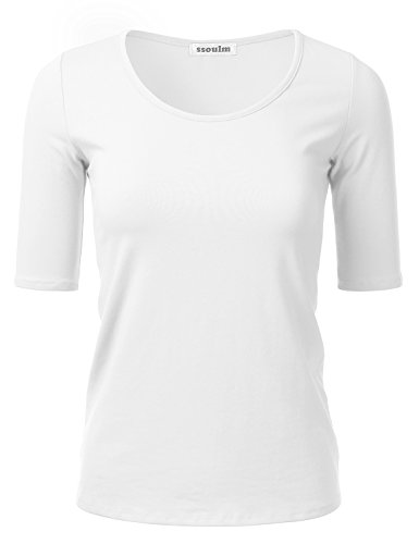 SSOULM Damen 1/2 Arm U-Ausschnitt Baumwolle Basic Slim Fit T-Shirt Top mit Übergröße - Weiß - Klein von SSOULM