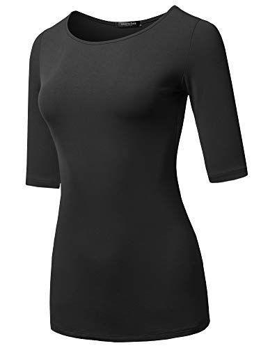 SSOULM Damen Basic Stretch 1/2 Ärmel Rundhalsausschnitt Slim Fit T-Shirt Top mit Übergröße, STT017_BLACK, X-Groß von SSOULM